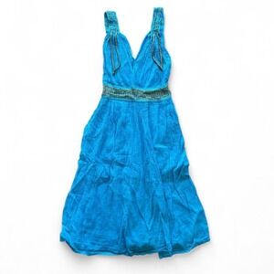 Greek Goddess gold sparkle blue cotton‎ micropleated smocked waist mini dress OS